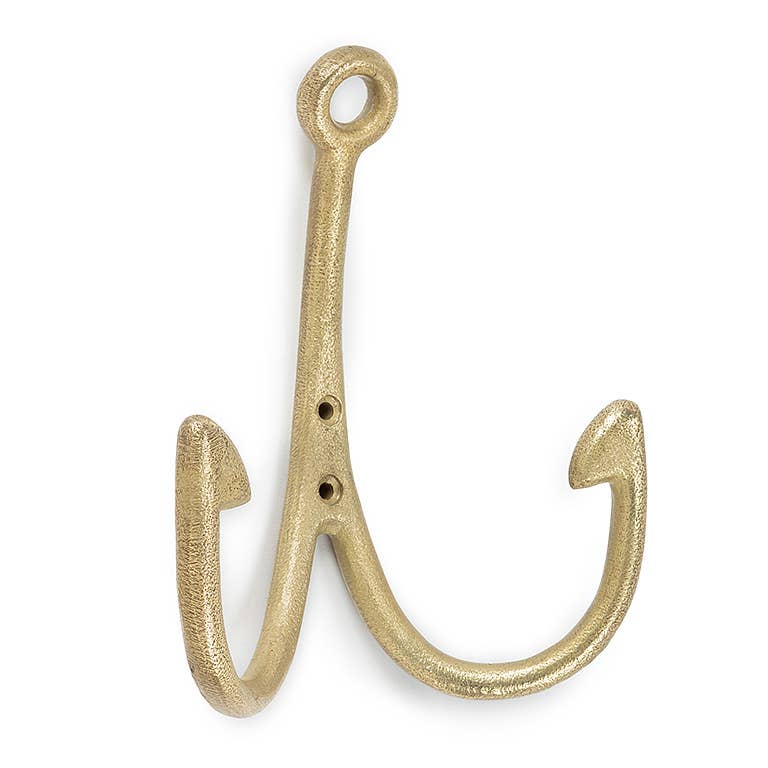 Fish Hook Double Wall Hook-Antique Gold-6"H-4291